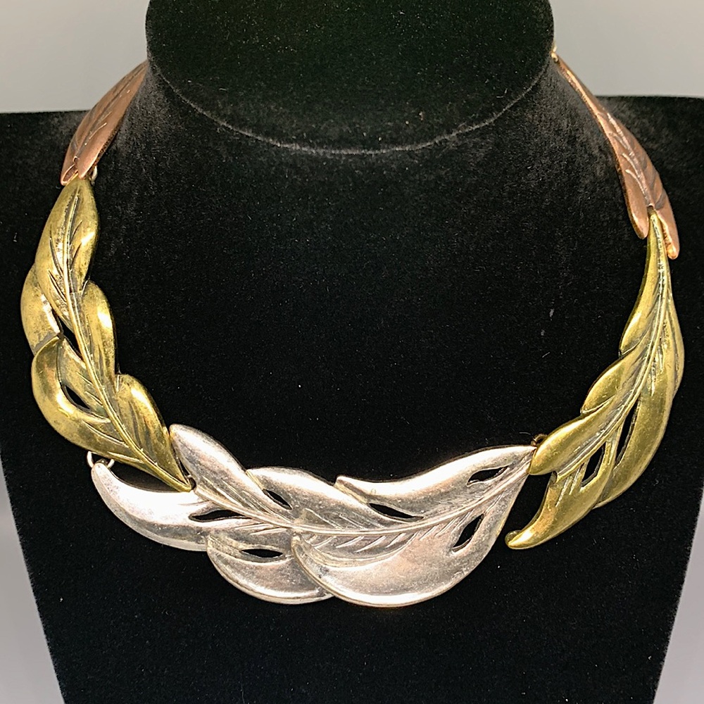 Gold, Silver and Bronze Feather Statement Necklace